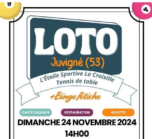 Loto Dimanche 24 novembre /organisé par l’Étoile Sportive La Croixille Tennis de table